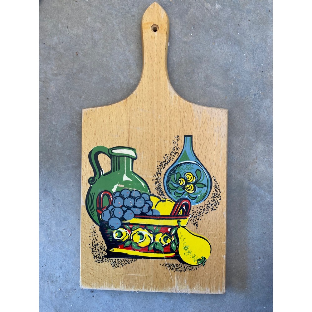 Vintage Wooden Cutting Board Fruit Still Life Graphic Made in Yugoslavia Retro